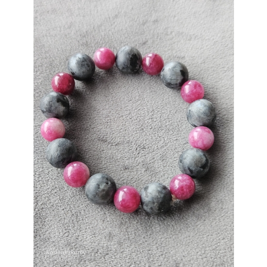 Bransoletka z kamieni naturalnych – różowo-grafitowa | na gumce jubilerskiej | handmade