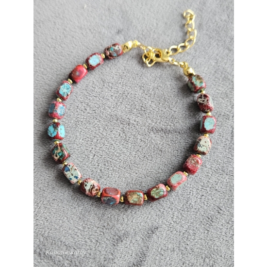 BRANSOLETKA Z KAMIENI NATURALNYCH – CZERWIEŃ & TURKUS | ZŁOTE AKCENTY | HANDMADE